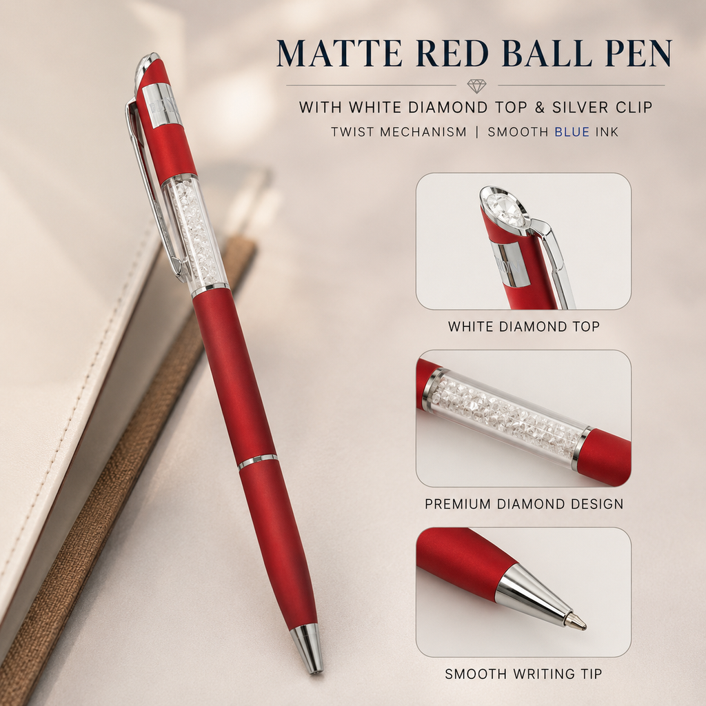 Ballpen Bazaar Matt Red Ball Pen with White Diamond Design & Silver Clip | Twist Mechanism Blue Ink Pen