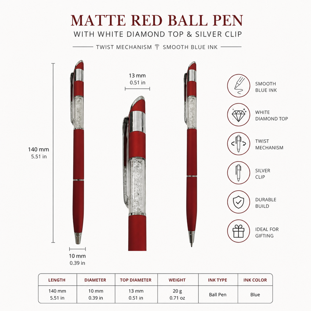 Ballpen Bazaar Matt Red Ball Pen with White Diamond Design & Silver Clip | Twist Mechanism Blue Ink Pen