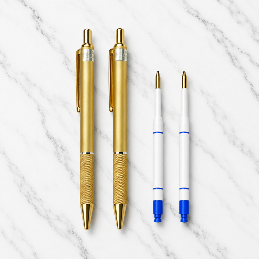 Ballpen Bazaar Set of 2 Metallic Glossy Gold Click Ball Pens with Gold Clip | Blue Ink | Includes 2 Free Plastic Jotter Refills | Premium Metal Ball Pen for Office, Business, Executive, Corporate Gift