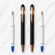 Ballpen Bazaar Stylus Matte Black Ball Pen with Copper Clip | Click Mechanism | Blue Ink | Includes 2 Free Plastic Jotter Blue Ink Refills | Pack of 2