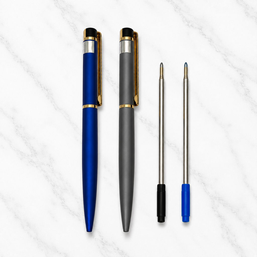 Ballpen Bazaar Set of 2 Metallic Glossy Gray & Blue Ball Pens with Gold Clip | Twist Mechanism | Blue Ink | Includes 1 Blue & 1 Black Cross Refill
