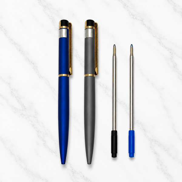 Ballpen Bazaar Set of 2 Metallic Glossy Gray & Blue Ball Pens with Gold Clip | Twist Mechanism | Blue Ink | Includes 1 Blue & 1 Black Cross Refill