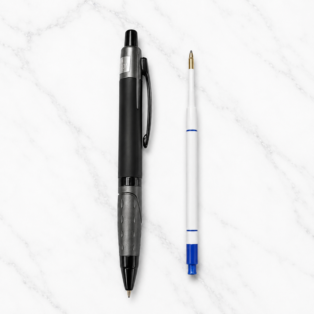 Ballpen Bazaar Metallic Glossy Black Ball Pen with Gray Design | Click Mechanism | Blue Ink | Free 1 Refill | 1 Pc