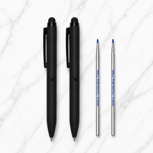 Ballpen Bazaar Set of 02 Stylus Matt Black Ball Pens with Glossy Black Clip | Twist Mechanism | Blue Ink | Includes 2 Free Mini VT Blue Refills | Premium Metal Pen Set for Office, Business, Students & Gifting