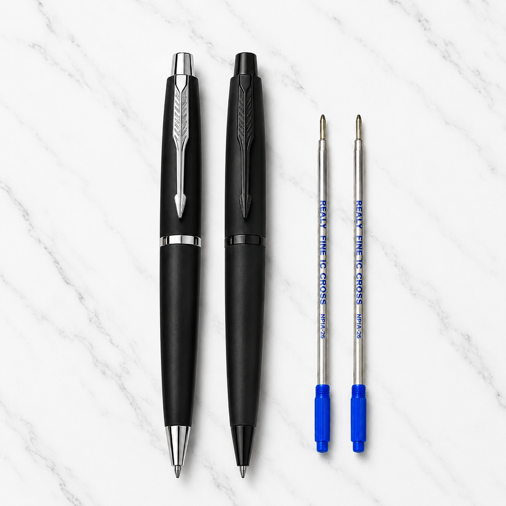 Ballpen Bazaar Set of 2 Metallic & Matte Black Twist Ball Pens with Free Cross Type Refills | Blue Ink | Premium Metal Executive Pens
