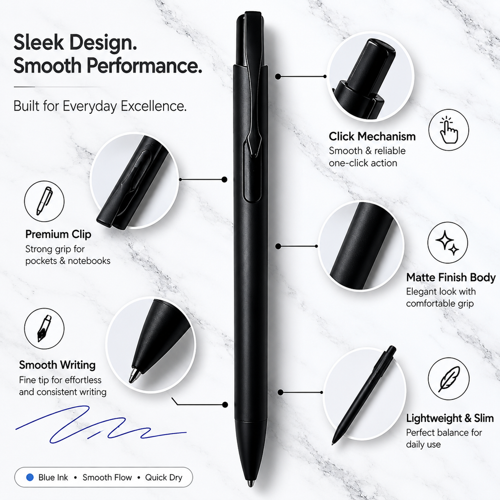 Ballpen Bazaar Set of 2 Matt Black Ball Pens with Glossy Black Clip | Click Mechanism | Blue Ink | Includes 2 Free Plastic Jotter Refills | Premium Metal Ball Pen for Office, School, Business, Executive Gift