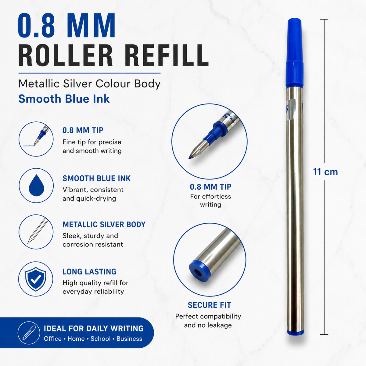 0.8 mm roller refill set with blue and black ink, silver body