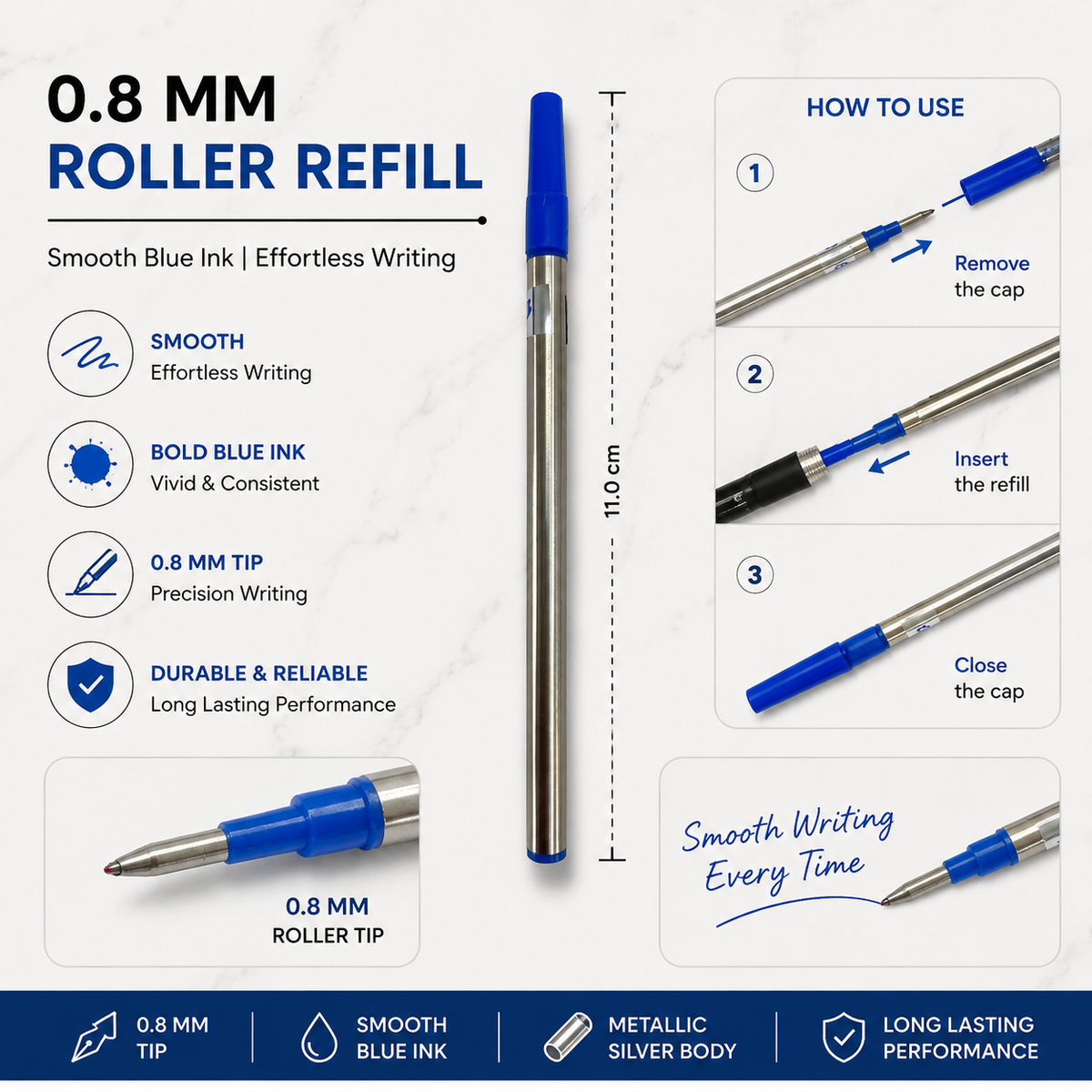 0.8 mm roller refill set with blue and black ink, silver body