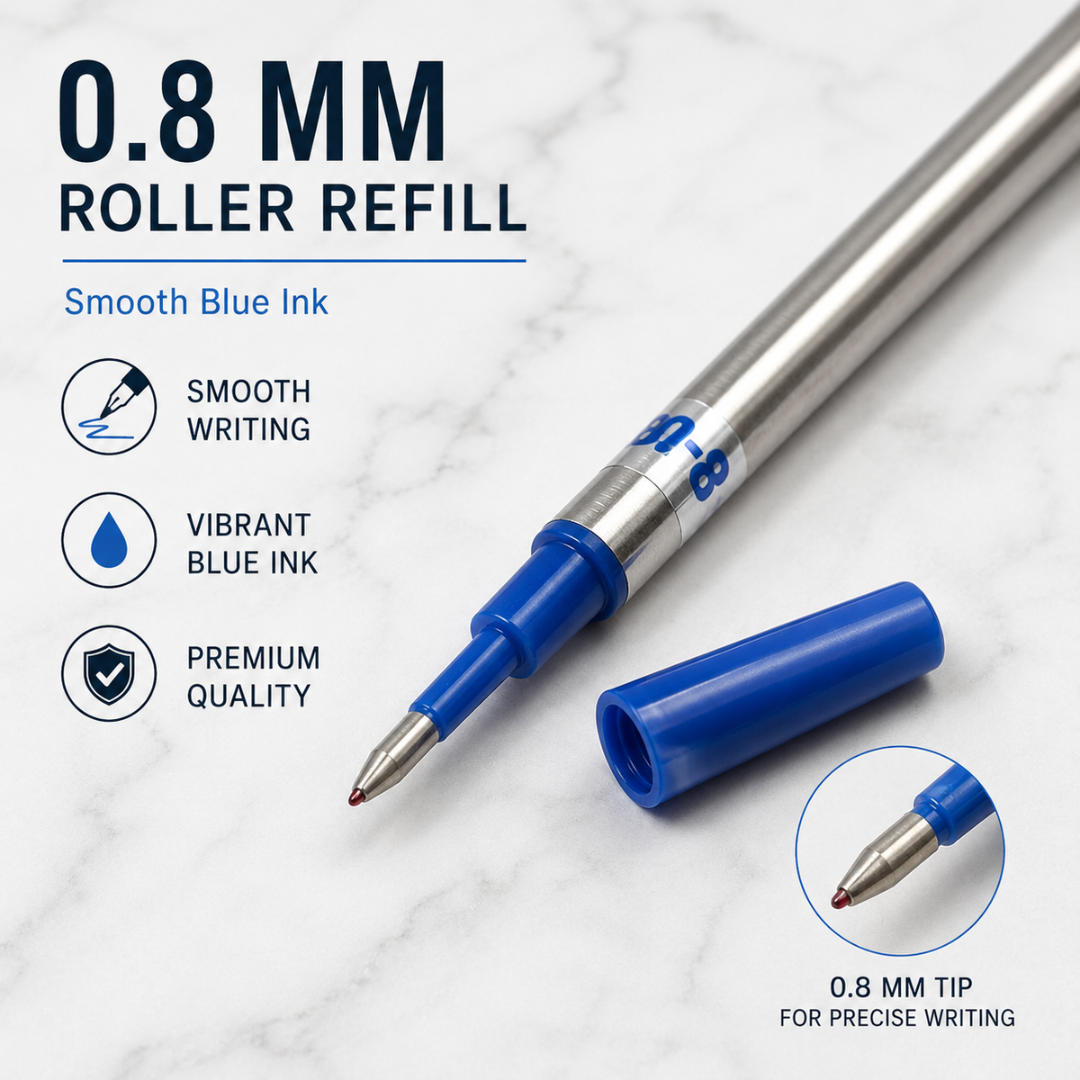 0.8 mm roller refill set with blue and black ink, silver body