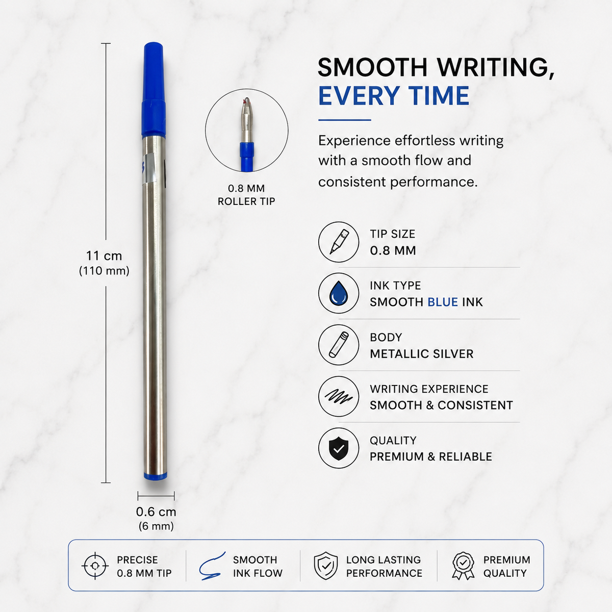 0.8 mm roller refill set with blue and black ink, silver body
