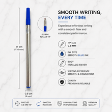 Ballpen Bazaar Set of 6 Roller Pen Refills 0.8mm – 3 Blue Ink & 3 Black Ink Metallic Silver Body Refills