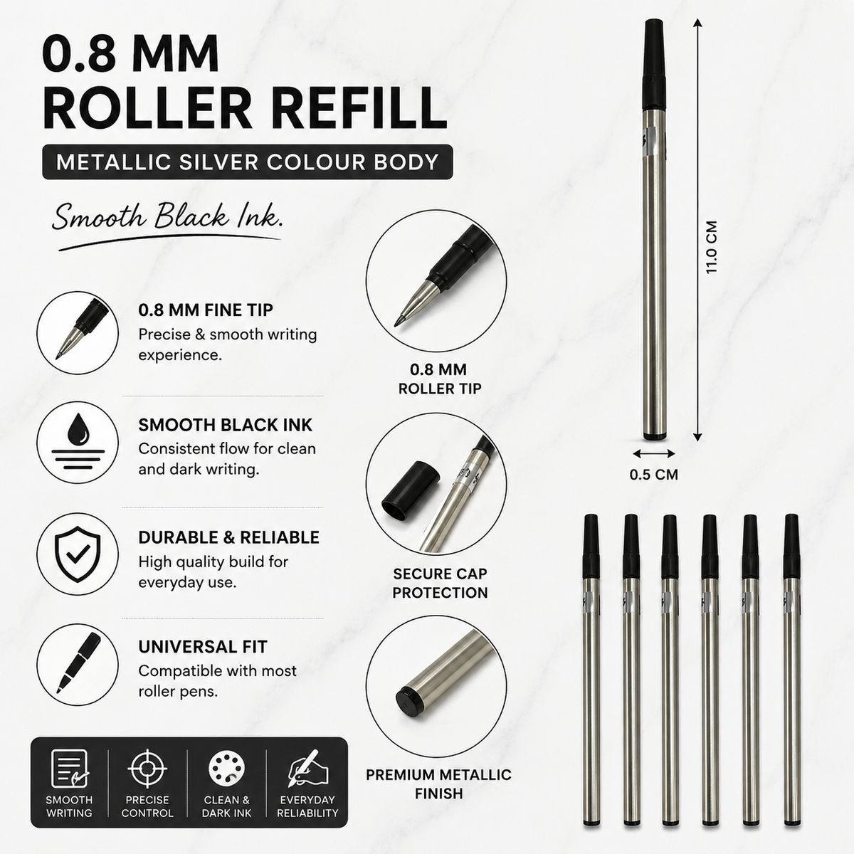 0.8 mm roller refill set with blue and black ink, silver body