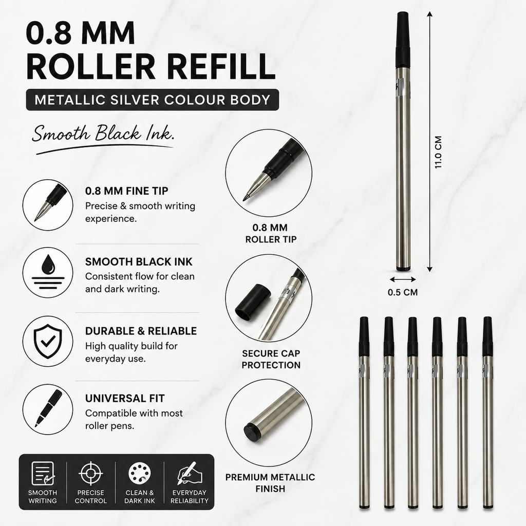 Ballpen Bazaar Set of 6 Roller Pen Refills 0.8mm – 3 Blue Ink & 3 Black Ink Metallic Silver Body Refills
