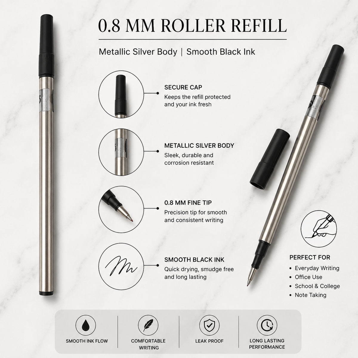 0.8 mm roller refill set with blue and black ink, silver body