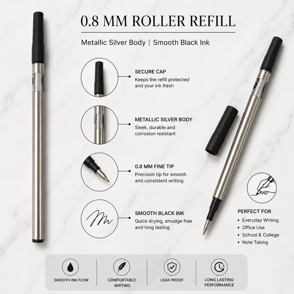 Ballpen Bazaar Set of 6 Roller Pen Refills 0.8mm – 3 Blue Ink & 3 Black Ink Metallic Silver Body Refills
