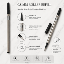 Ballpen Bazaar Set of 6 Roller Pen Refills 0.8mm – 3 Blue Ink & 3 Black Ink Metallic Silver Body Refills