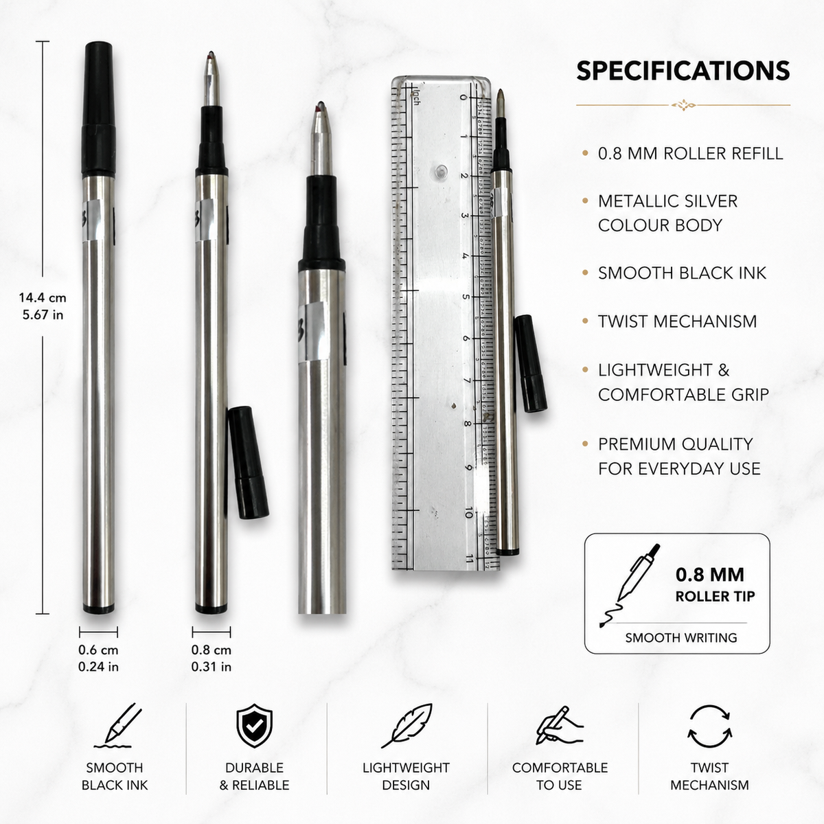 0.8 mm roller refill set with blue and black ink, silver body
