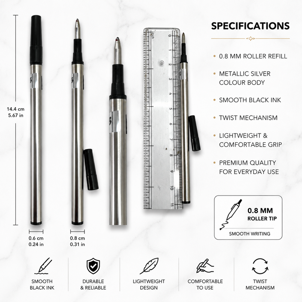 Ballpen Bazaar Set of 6 Roller Pen Refills 0.8mm – 3 Blue Ink & 3 Black Ink Metallic Silver Body Refills