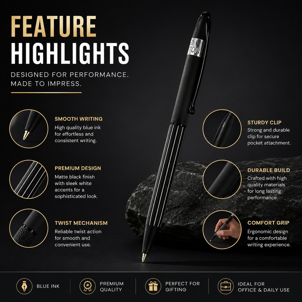 Matte Black Ball Pen – Twist Mechanism | Cross-Type Refill | Blue Ink