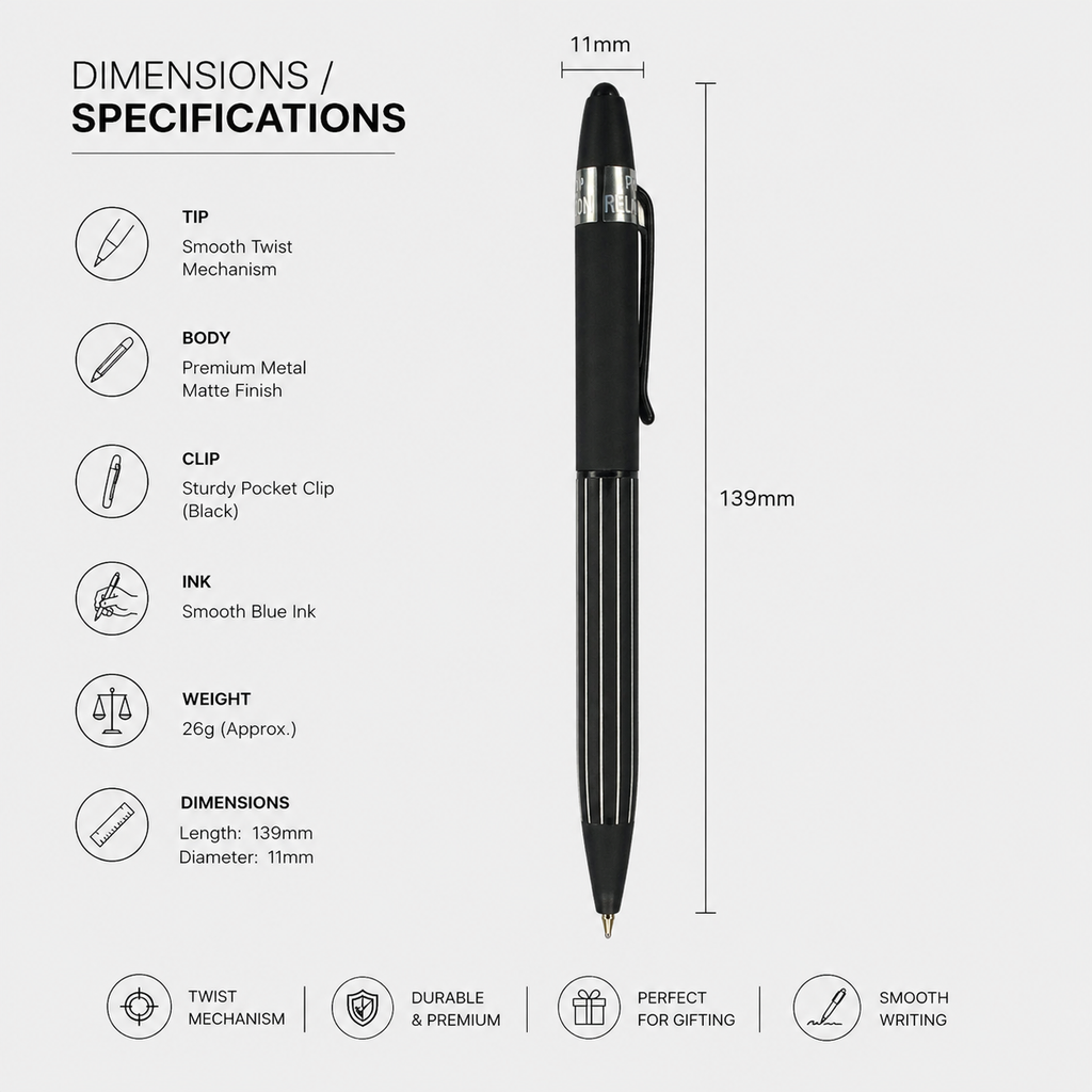 Matte Black Ball Pen – Twist Mechanism | Cross-Type Refill | Blue Ink