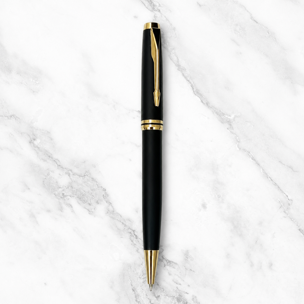 Ballpen Bazaar Matt Black Body Ball Pen with Glossy Gold Clip | Twist Mechanism | Smooth Blue Ink Writing Pen | Premium Executive Ballpoint Pen | 1 Pc