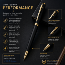 Ballpen Bazaar Matt Black Body Ball Pen with Glossy Gold Clip | Twist Mechanism | Smooth Blue Ink Writing Pen | Premium Executive Ballpoint Pen | 1 Pc