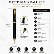 Ballpen Bazaar Matt Black Body Ball Pen with Glossy Gold Clip | Twist Mechanism | Smooth Blue Ink Writing Pen | Premium Executive Ballpoint Pen | 1 Pc