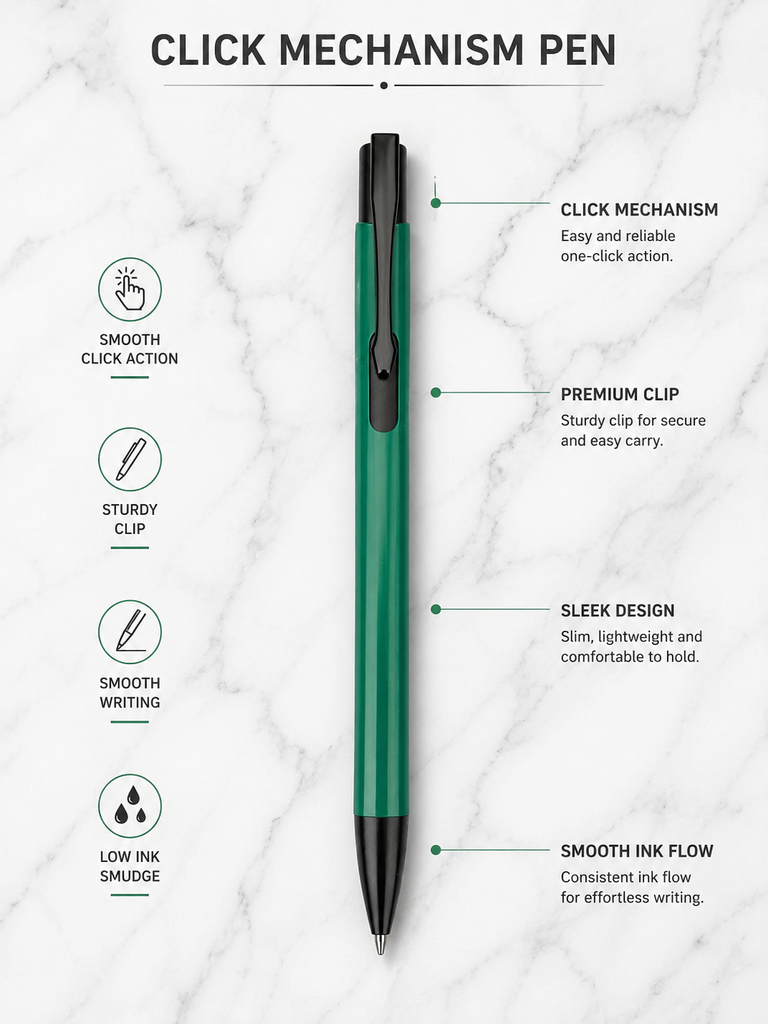 Ballpen Bazaar Matt Green Colour Body with Glossy Black Colour Clip Click Mechanism Ball Pen Set of 6 with 6 Extra Blue Ink Refills | Premium Metal Ball Pens for Office, School, Business and Gifting
