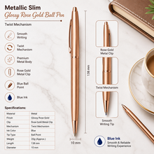 Ballpen Bazaar Set of 02 Metallic Glossy Rose Gold Ball Pen with Rose Gold Clip | Twist Mechanism | Blue Ink | Includes 2 Free Cross Type Blue Ink Refills | Premium Metal Pens for Office, Business, Executive, Gifting