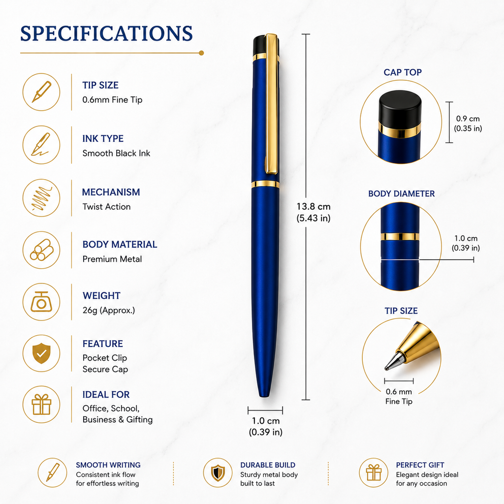 Ballpen Bazaar Set of 2 Metallic Glossy Red & Blue Twist Ball Pens with Gold Clip | Blue Ink | Includes 2 Free Cross Type Refills
