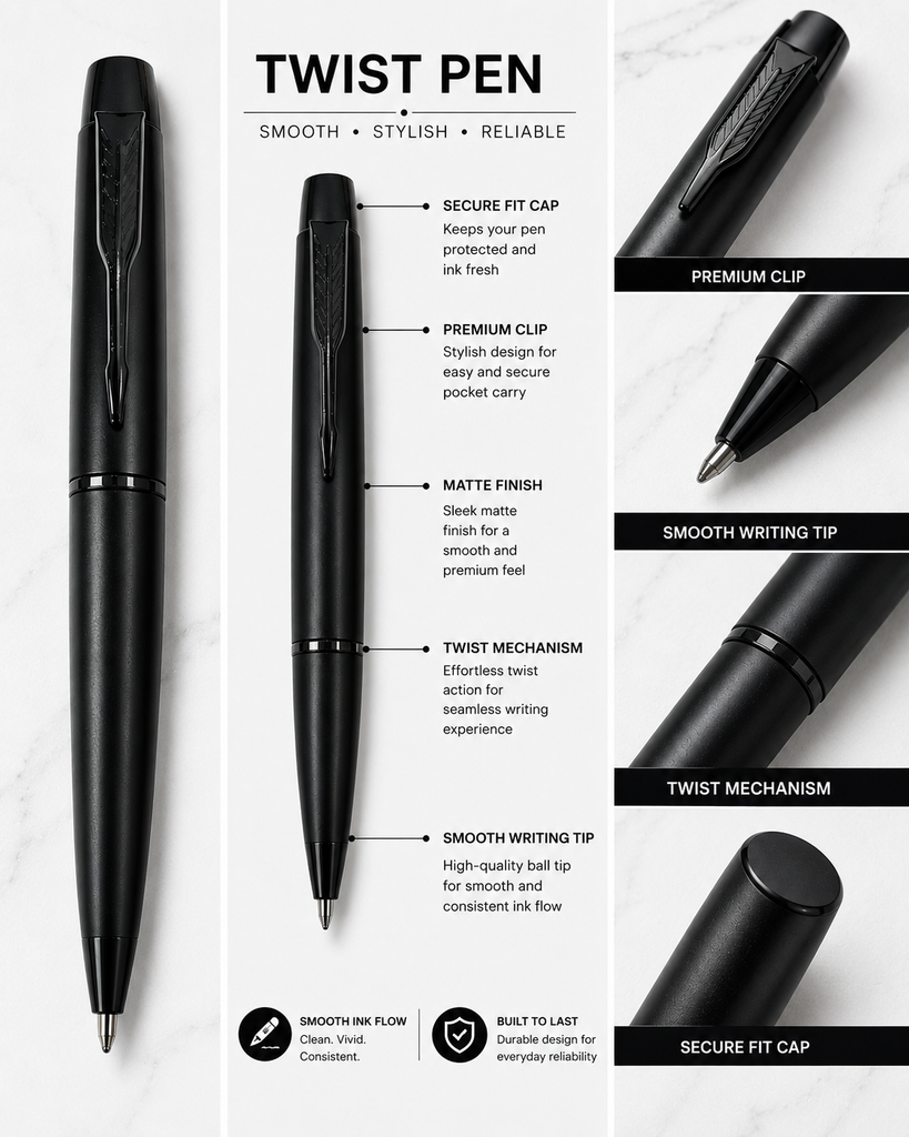 Ballpen Bazaar Set of 2 Matte Black Metal Ball Pens with Gold & Black Clips | Twist Mechanism | Blue Ink | Includes 2 Free Cross Type Refills