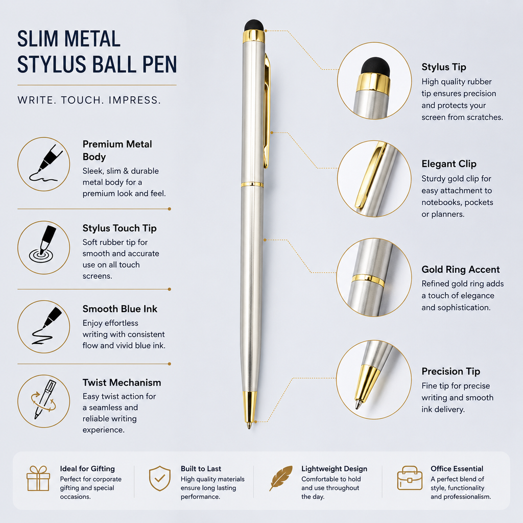Ballpen Bazaar Set of 09 Stylus Metallic Glossy Gold Silver Rose Gold Twist Ball Pens with Blue Ink | 9 Pens + 9 Free Refills | Premium Metal Writing Pens