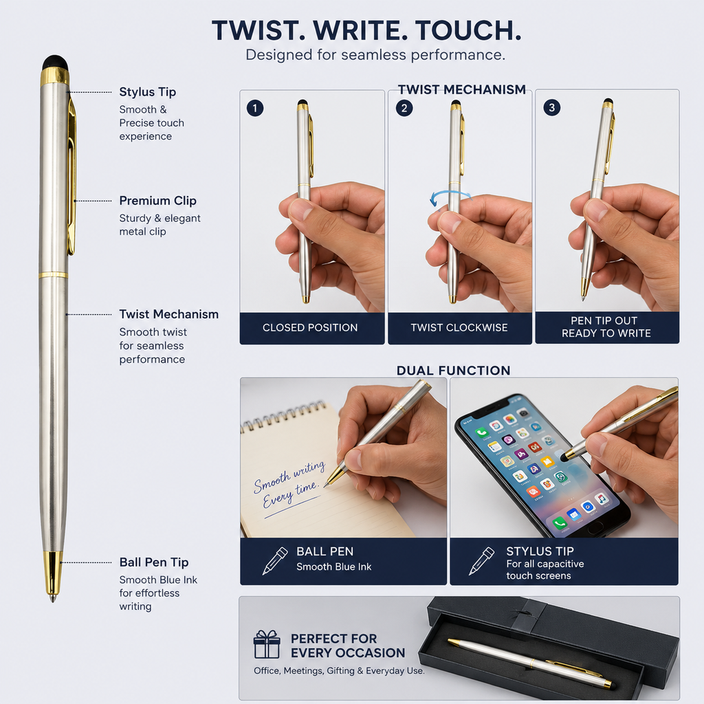 Ballpen Bazaar Set of 09 Stylus Metallic Glossy Gold Silver Rose Gold Twist Ball Pens with Blue Ink | 9 Pens + 9 Free Refills | Premium Metal Writing Pens