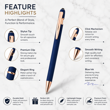 BallPenBazaar Premium Matte Blue Ball Pens with Rose Gold Clip – Stylus Top,...