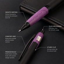 Ballpen Bazaar Metallic Glossy Black Colour Body with Purple Colour Design Click Mechanism Ball Pen | Blue Ink | Free 1 Blue Plastic Jotter Refill | Pack of 1