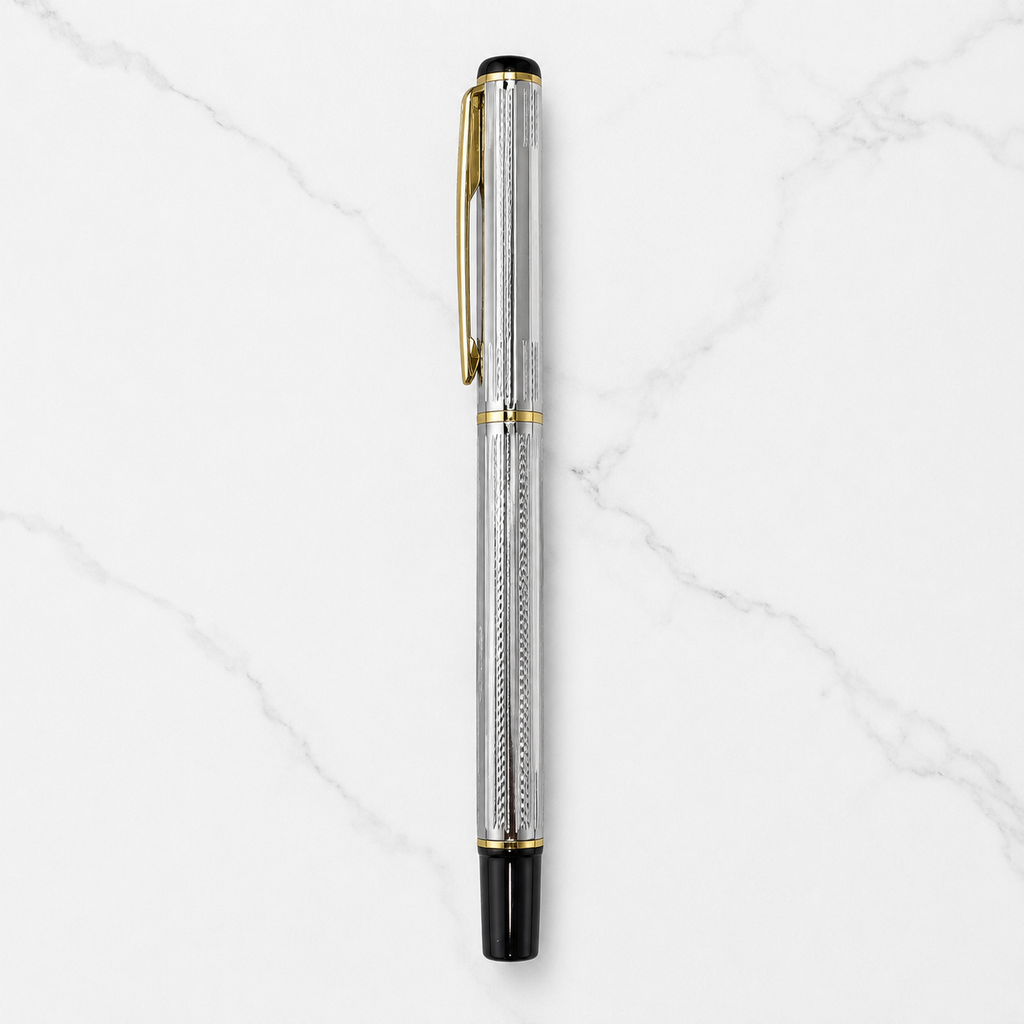 Ballpen Bazaar Set of 2 Metallic Glossy Designer Silver Ball Pens with Silver Cap & Gold Clip | Openable Metal Ball Pen | Blue Ink | Includes 2 Free Plastic Jotter Refills