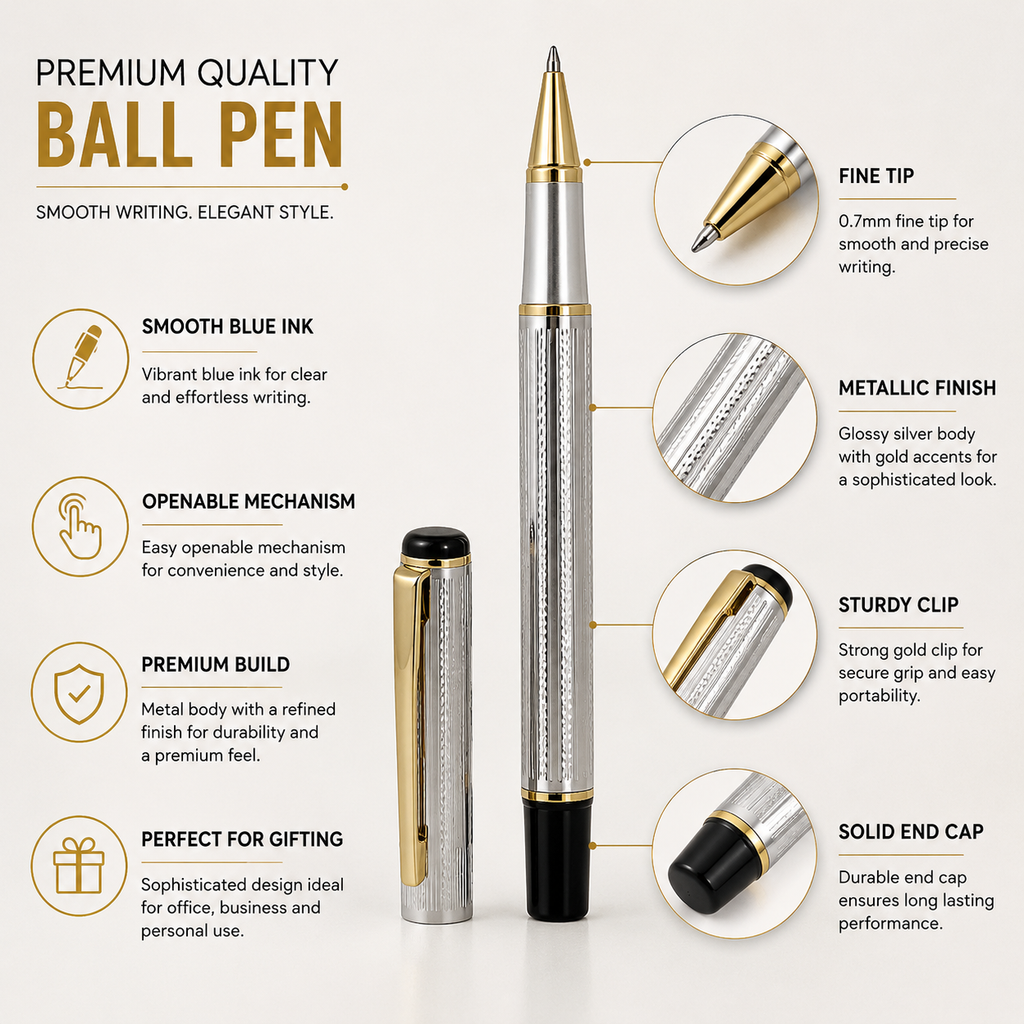 Ballpen Bazaar Set of 2 Metallic Glossy Designer Silver Ball Pens with Silver Cap & Gold Clip | Openable Metal Ball Pen | Blue Ink | Includes 2 Free Plastic Jotter Refills