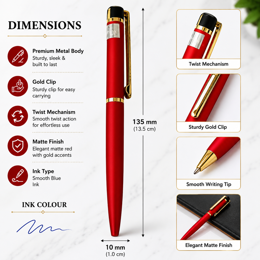 Ballpen Bazaar Set of 2 Metallic Glossy Red & Blue Twist Ball Pens with Gold Clip | Blue Ink | Includes 2 Free Cross Type Refills