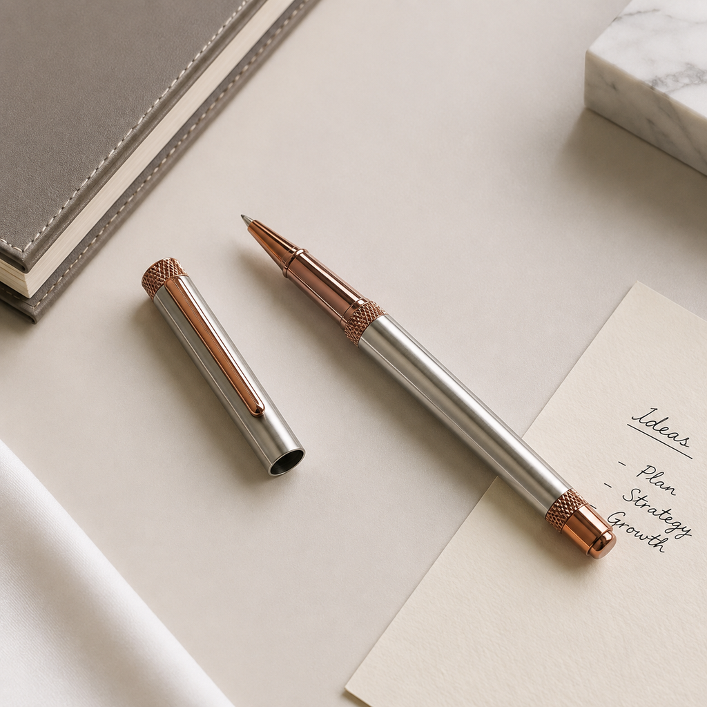 Ballpen Bazaar Metallic Glossy Gunmetal Roller Ball Pen with Gunmetal Cap & Brown Clip | Openable Mechanism | Blue Ink | 1 Pen + 1 Free Refill