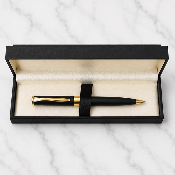 Ballpen Bazaar Matt Black Metal Ball Pen with Gold Design & Gold Clip | Twist Mechanism | Blue Ink | 1 Pen + 1 Free Refill