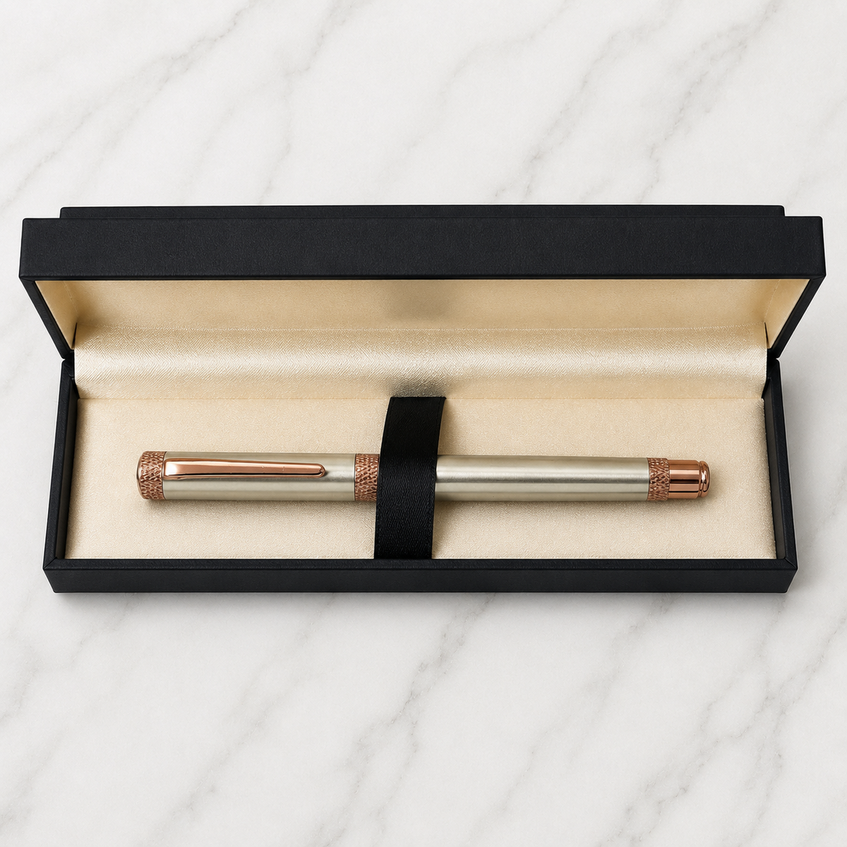 Glossy gunmetal roller ball pen with brown clip, openable cap and blue ink