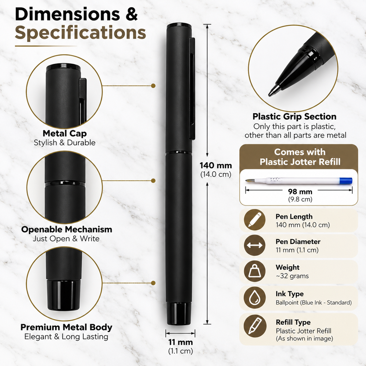 Ballpen Bazaar Matt Black Metal Openable Ball Pen with Blue Ink | Black Cap & Black Clip | 1 Free Refill