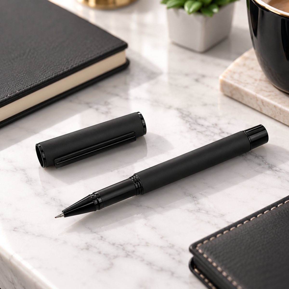 Ballpen Bazaar Matt Black Metal Openable Ball Pen with Blue Ink | Black Cap & Black Clip | 1 Free Refill
