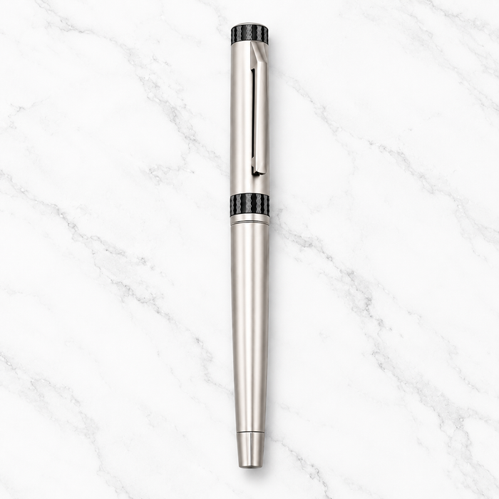 Glossy gunmetal roller ball pen with gunmetal cap, openable mechanism and blue ink