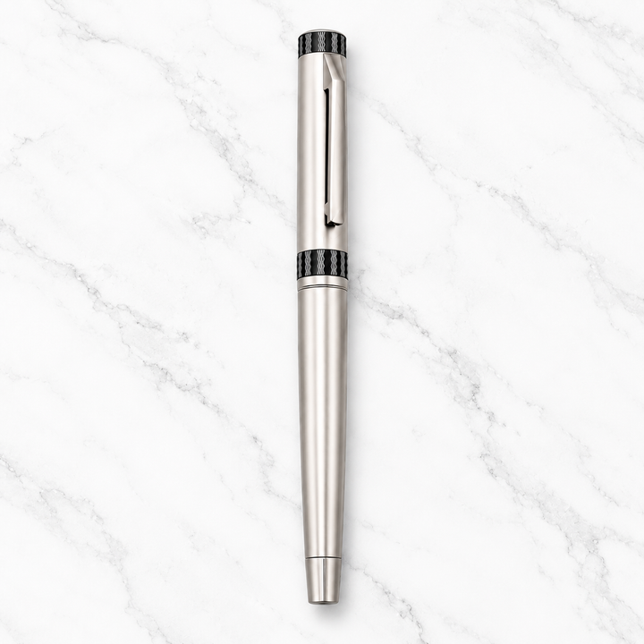 Glossy gunmetal roller ball pen with gunmetal cap, openable mechanism and blue ink