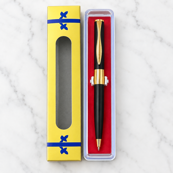 Ballpen Bazaar Matt Black Metal Ball Pen with Gold Design & Gold Clip | Twist Mechanism | Blue Ink | 1 Pen + 1 Free Refill