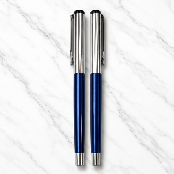 Ballpen Bazaar Metallic Glossy Blue Ball Pen Set of 2 with Silver Cap Openable Mechanism | Smooth Blue Ink Premium Writing Pens