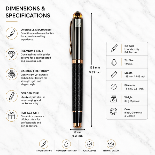 Designer Black Body Ball Pen with Gunmetal Cap & Golden Clip – Openable...