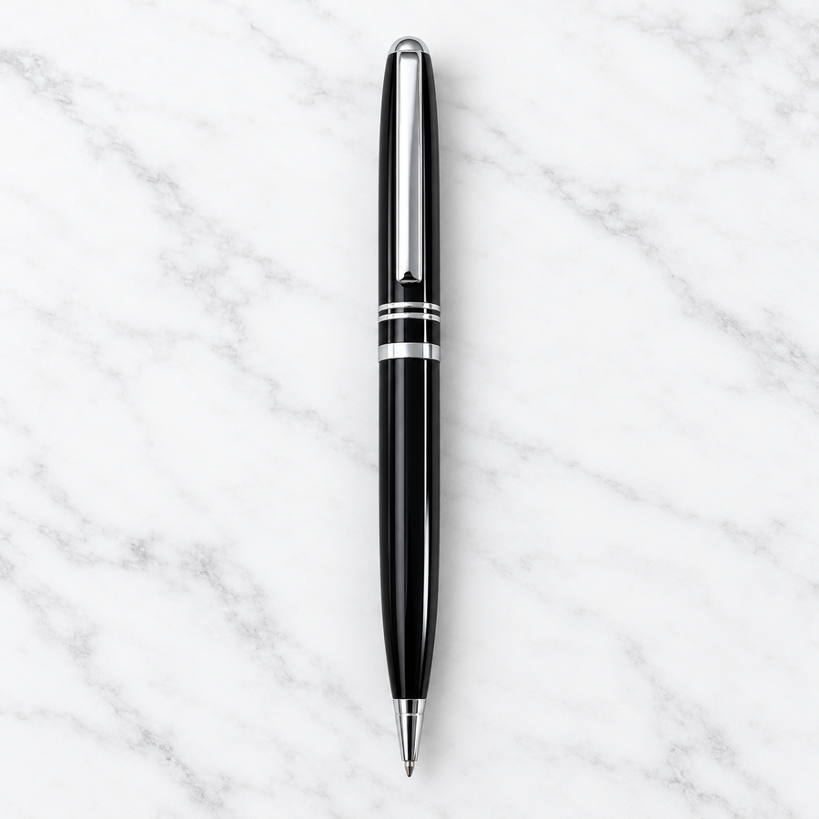 Set of 3 Glossy Black Metal Twist Ball Pens – Silver Clip & Ring Design | Screw-Type Refill | 3 Extra Refills