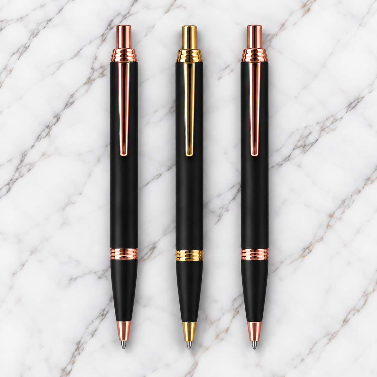 Set of 3 Premium Black Metal Click Ball Pens – Rose Gold & Gold Trim | Blue Ink | 3 Free Refills | Executive Gift Pen Set
